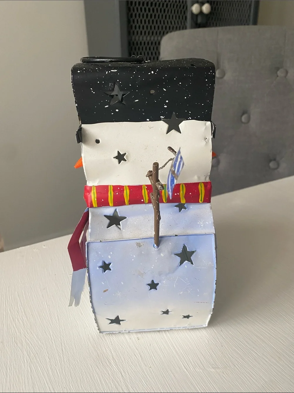 Hand-Painted Metal Snowman Holiday Lantern with Red Scarf Candle Holder